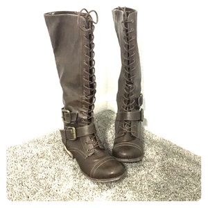 High brown zip up boots